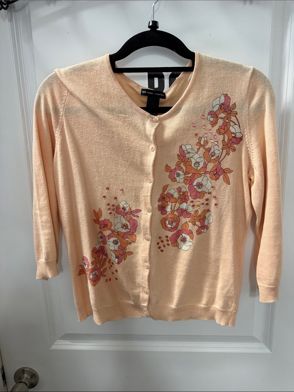 New York & Company Peach Floral Button-Up Cardigan